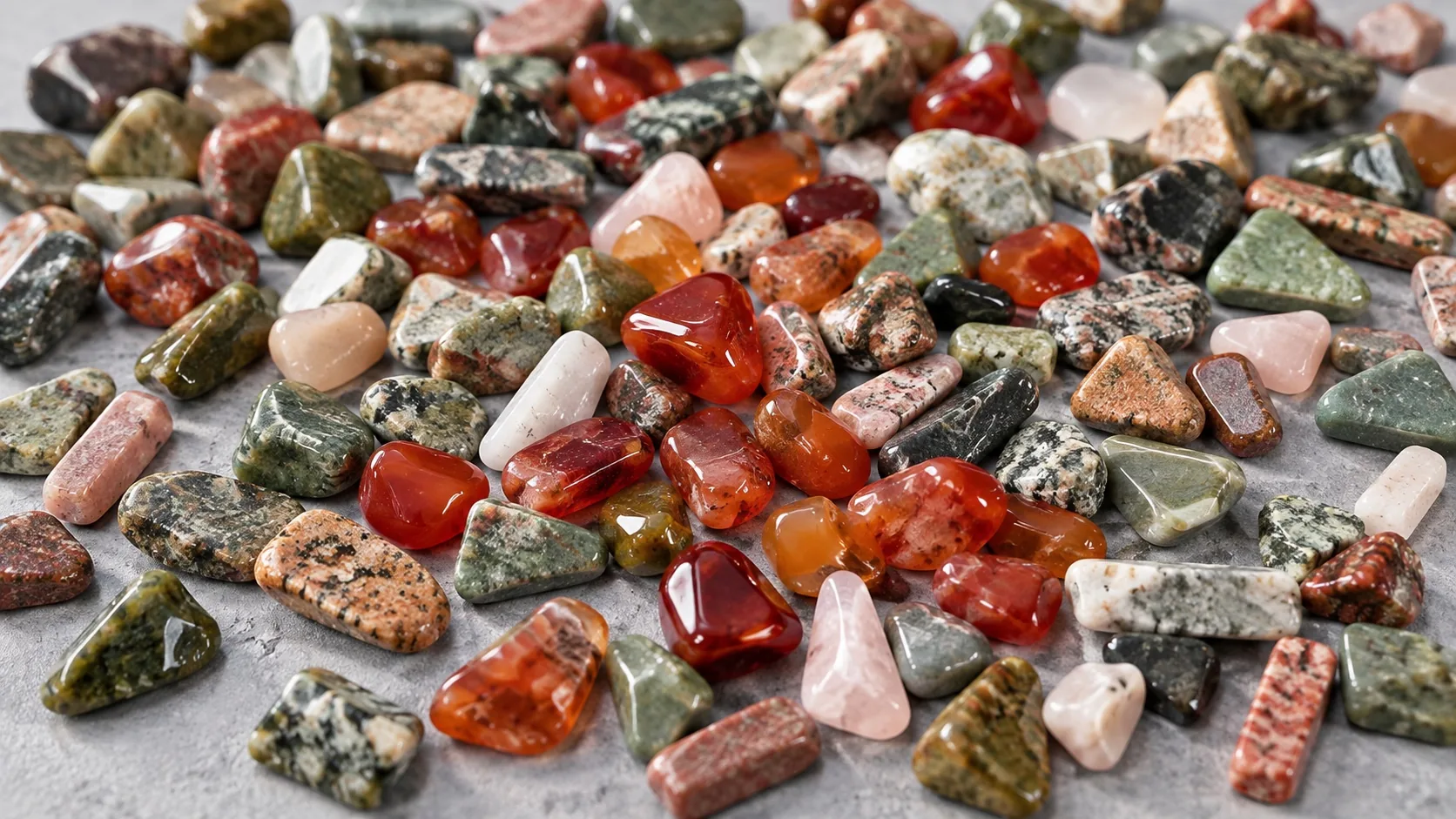 Loose scatter of naturally colored polished tumbled stones on a matte grey surface