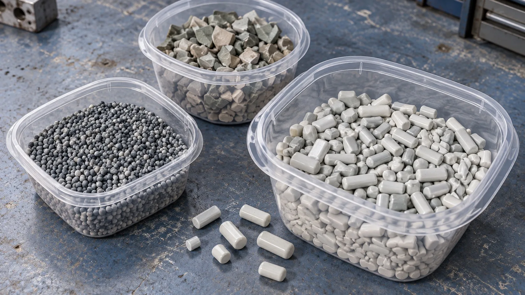 Separate containers of differently sized ceramic tumbling media on a blue-grey workbench