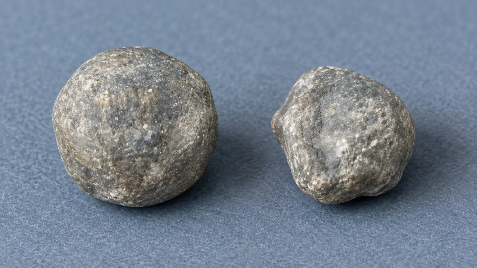 Two rounded grey stones side by side on a blue-grey inspection mat showing contrasting surface textures