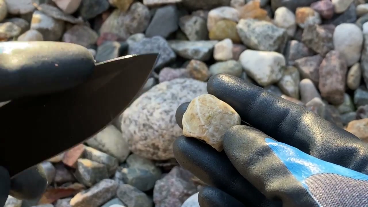 Examining a rough translucent quartz specimen found while rockhounding