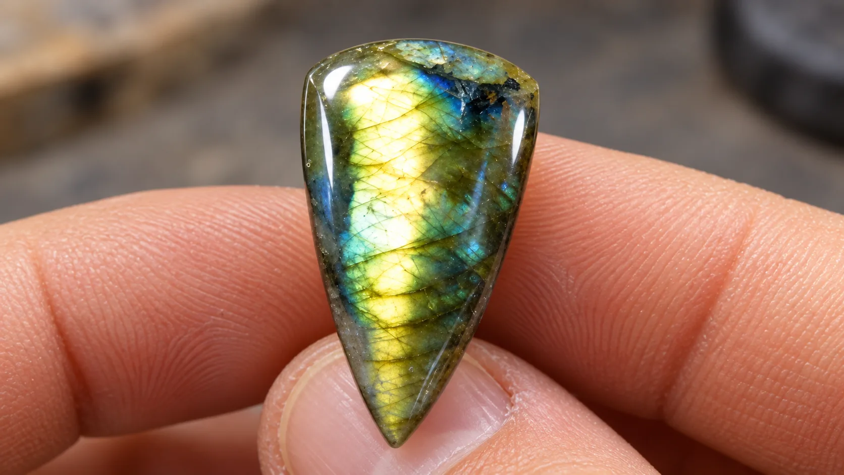 Labradorite teardrop cabochon with yellow, green and blue flash, held in bare fingers