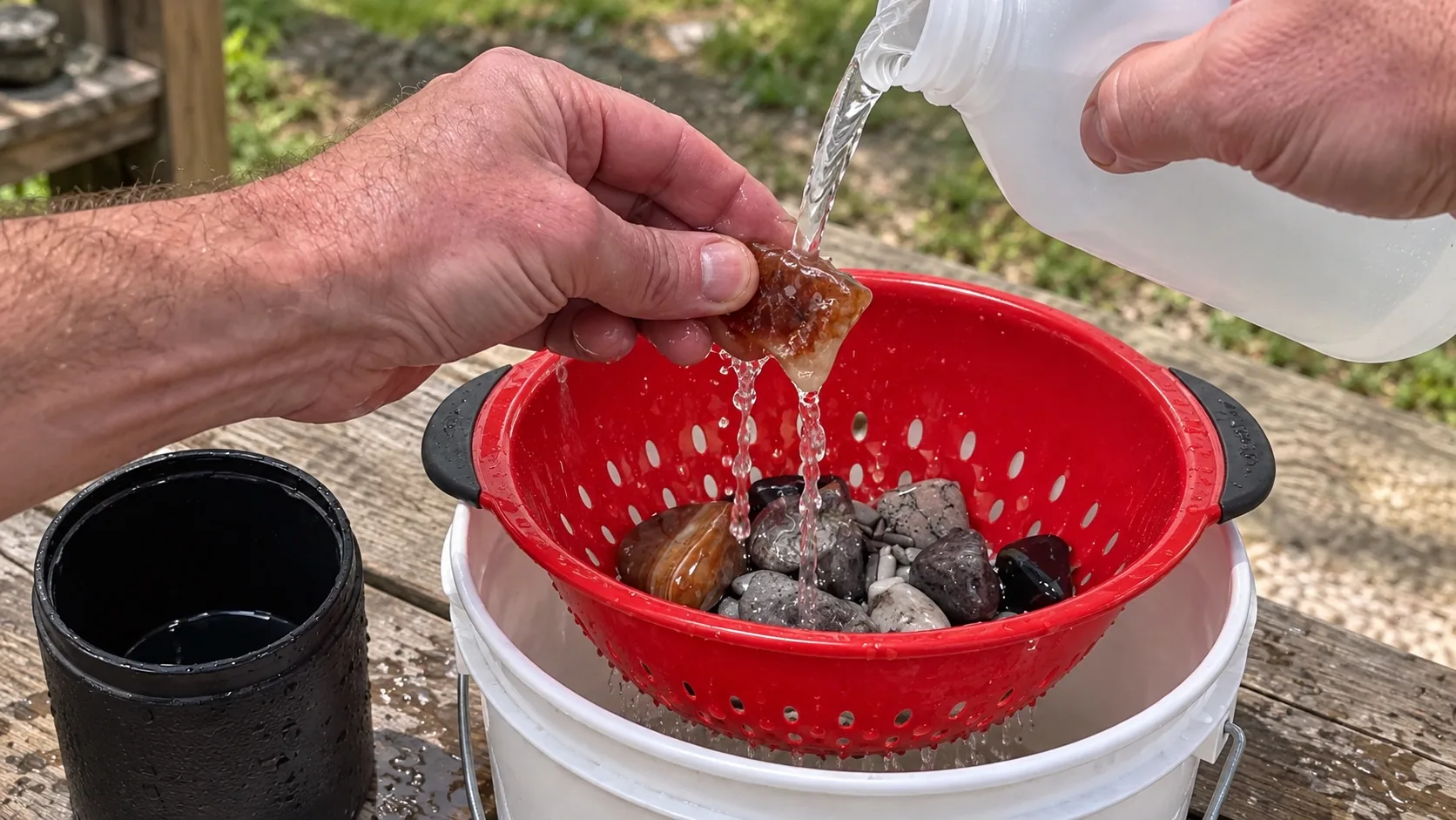 Rinsing a tumbled stone over a red colander sitting on a white bucket at an outdoor workbench