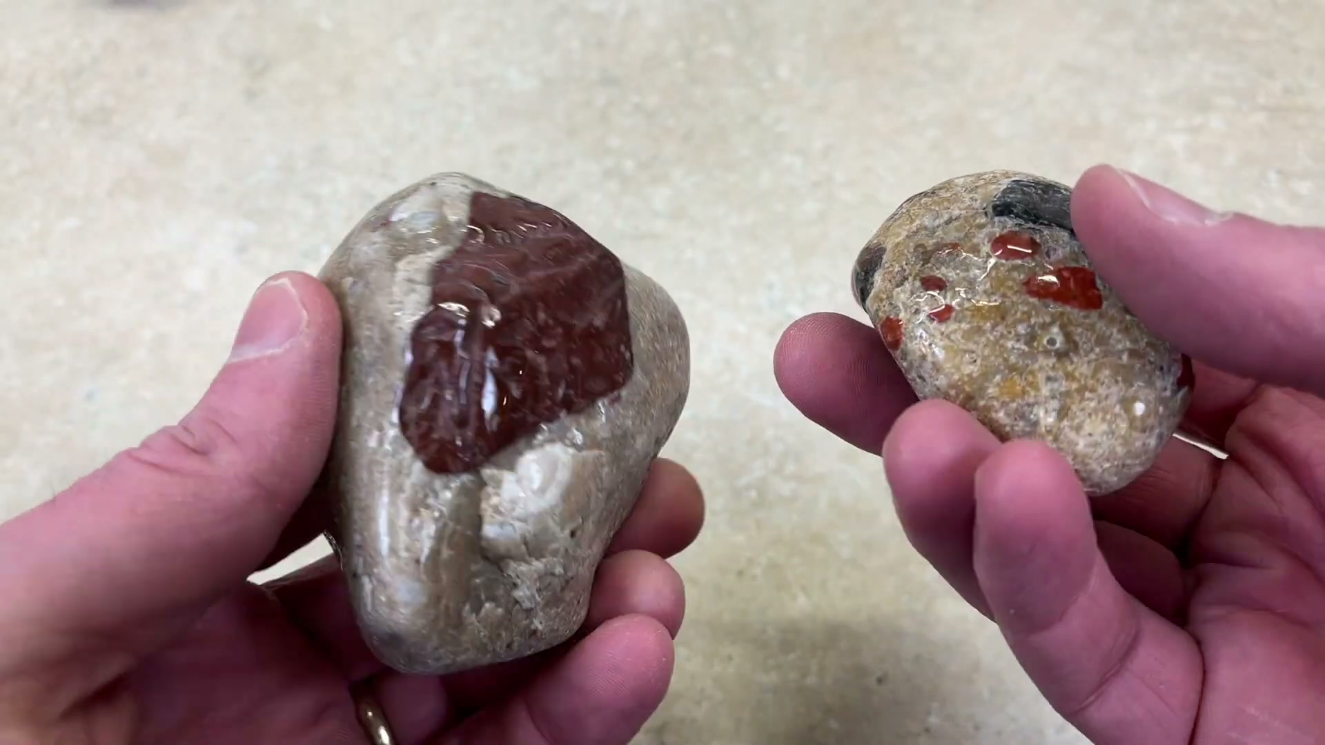 Rock tumbling equipment with polished stones on display