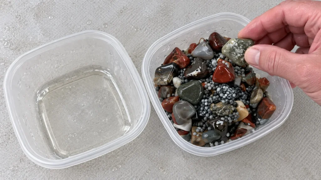 Hand selecting a polished tumbled stone from a container of mixed stones and ceramic media beside an empty rinse container